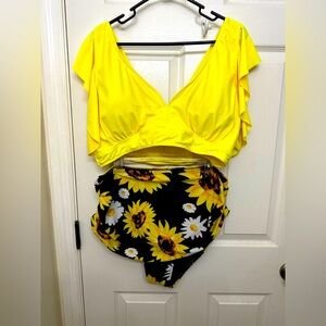 SHEIN plus bikini yellow top sz 4X & sunflower high rise bottom sz 2X